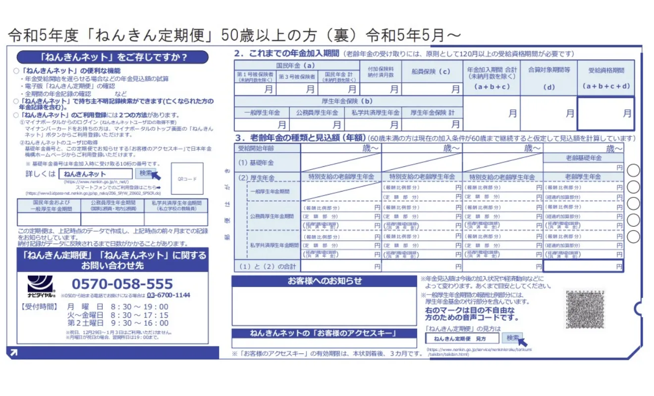 令和5年度「ねんきん定期便」50歳以上の方(裏)和5年5月~