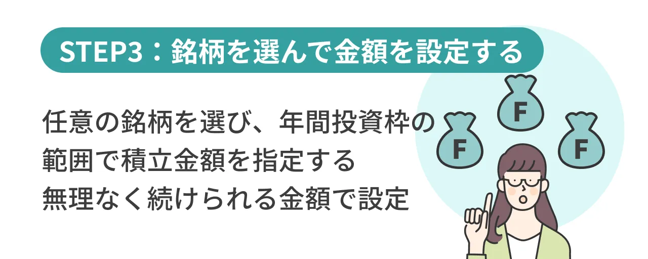STEP3：銘柄を選んで金額を設定する任意の銘柄を選び、年間投資枠の範囲で積立金額を指定する無理なく続けられる金額で設定