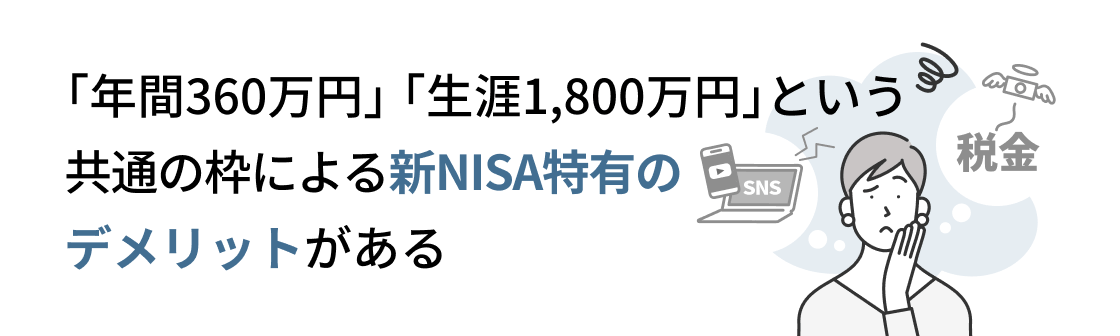 「年間360万円」「生涯1,800万円」という共通の枠による新NISA特有のデメリットがある