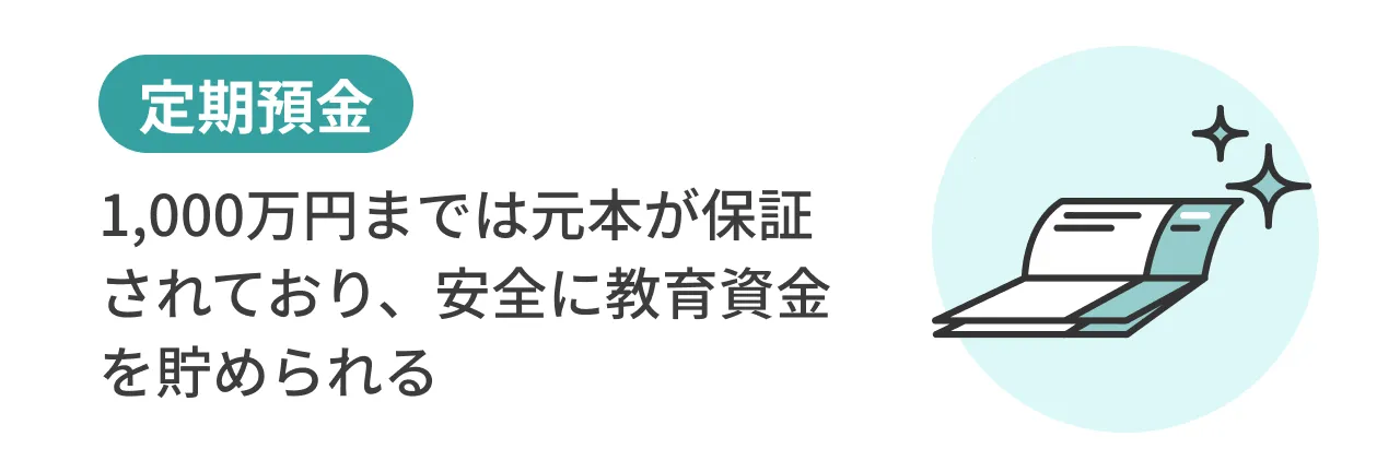 定期預金:1,000万円までは元本が保証されており、安全に教育資金を貯められる