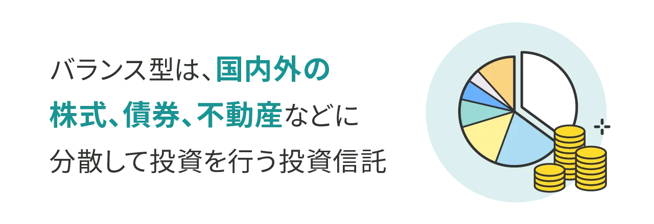 バランス型は、国内外の株式、債券、不動産などに分散して投資を行う投資信託